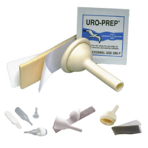 Self-adhesive condom catheters